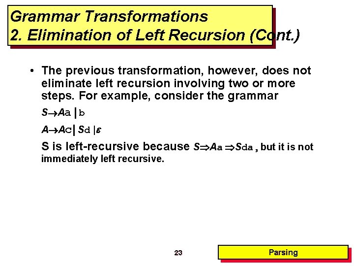 Grammar Transformations 2. Elimination of Left Recursion (Cont. ) • The previous transformation, however, Grammar Transformations 2. Elimination of Left Recursion (Cont. ) • The previous transformation, however,