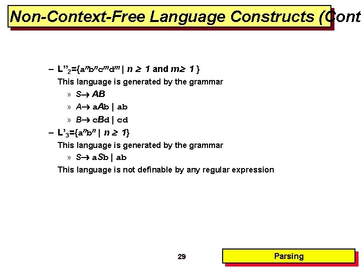 Non-Context-Free Language Constructs (Cont. – L” 2={anbncmdm | n 1 and m 1 } Non-Context-Free Language Constructs (Cont. – L” 2={anbncmdm | n 1 and m 1 }