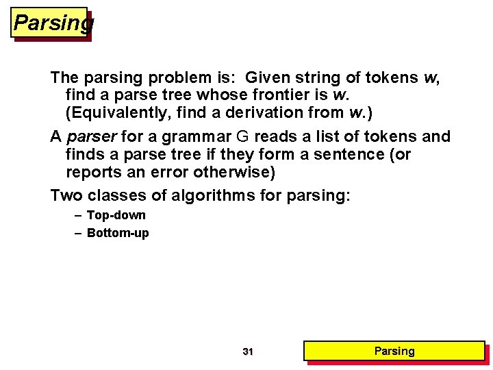 Parsing The parsing problem is: Given string of tokens w, find a parse tree Parsing The parsing problem is: Given string of tokens w, find a parse tree