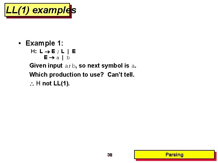 LL(1) examples • Example 1: H: L E ; L | E E a LL(1) examples • Example 1: H: L E ; L | E E a