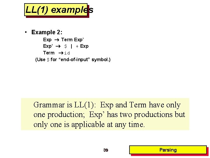 LL(1) examples • Example 2: Exp Term Exp’ $ | + Exp Term id LL(1) examples • Example 2: Exp Term Exp’ $ | + Exp Term id