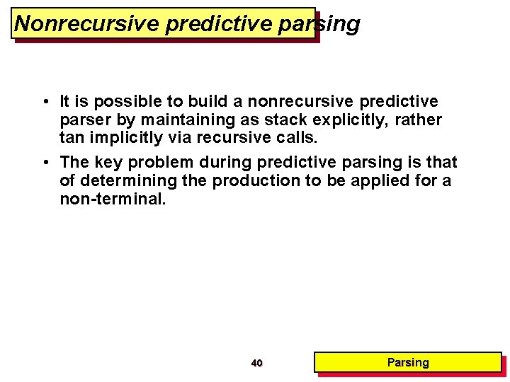 Nonrecursive predictive parsing • It is possible to build a nonrecursive predictive parser by Nonrecursive predictive parsing • It is possible to build a nonrecursive predictive parser by