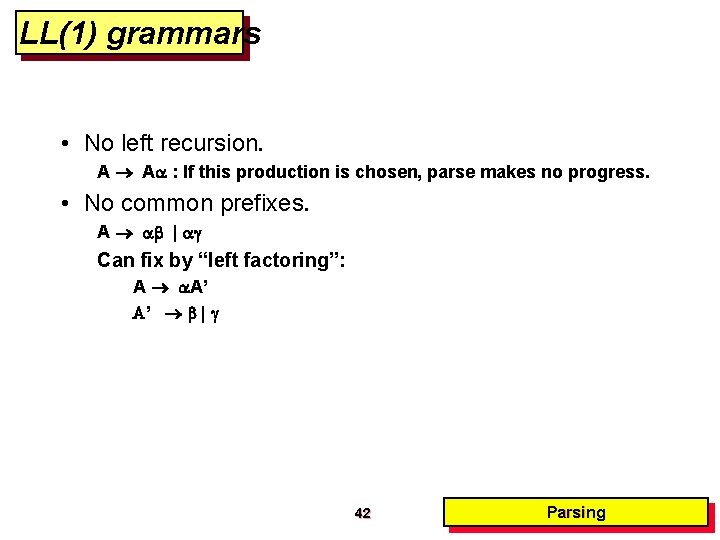 LL(1) grammars • No left recursion. A A : If this production is chosen, LL(1) grammars • No left recursion. A A : If this production is chosen,