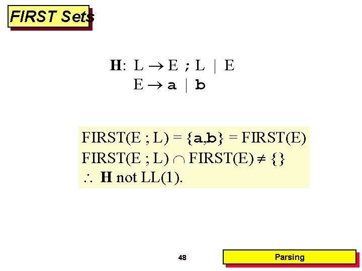 FIRST Sets H: L E ; L | E E a | b FIRST(E FIRST Sets H: L E ; L | E E a | b FIRST(E
