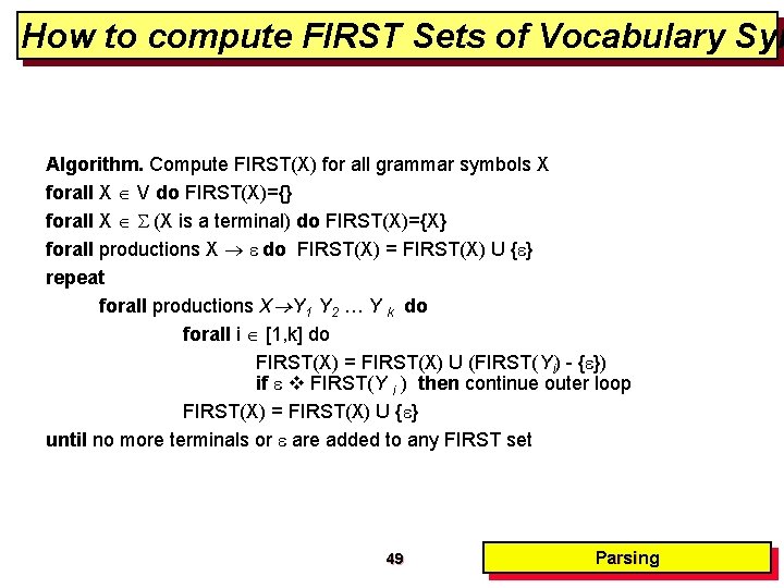 How to compute FIRST Sets of Vocabulary Sym Algorithm. Compute FIRST(X) for all grammar How to compute FIRST Sets of Vocabulary Sym Algorithm. Compute FIRST(X) for all grammar