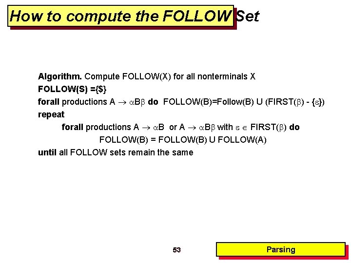 How to compute the FOLLOW Set Algorithm. Compute FOLLOW(X) for all nonterminals X FOLLOW(S) How to compute the FOLLOW Set Algorithm. Compute FOLLOW(X) for all nonterminals X FOLLOW(S)