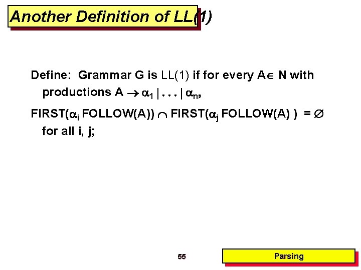 Another Definition of LL(1) Define: Grammar G is LL(1) if for every A N Another Definition of LL(1) Define: Grammar G is LL(1) if for every A N