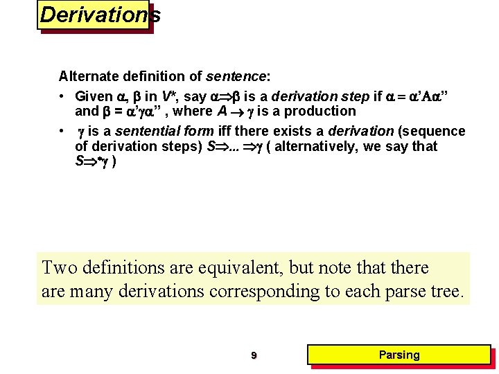 Derivations Alternate definition of sentence: • Given , in V*, say is a derivation Derivations Alternate definition of sentence: • Given , in V*, say is a derivation