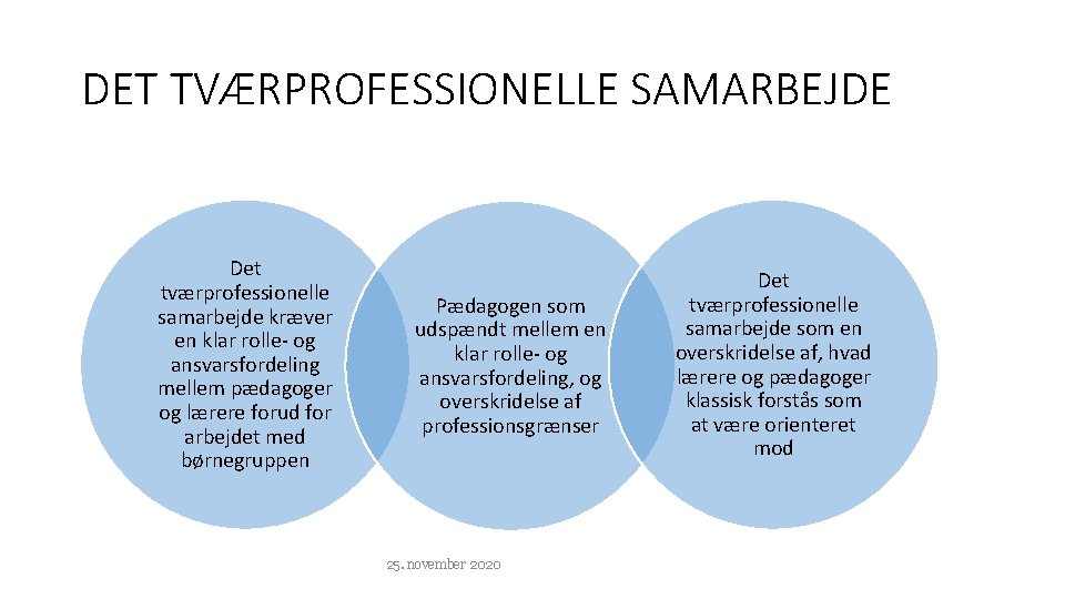 DET TVÆRPROFESSIONELLE SAMARBEJDE Det tværprofessionelle samarbejde kræver en klar rolle- og ansvarsfordeling mellem pædagoger DET TVÆRPROFESSIONELLE SAMARBEJDE Det tværprofessionelle samarbejde kræver en klar rolle- og ansvarsfordeling mellem pædagoger