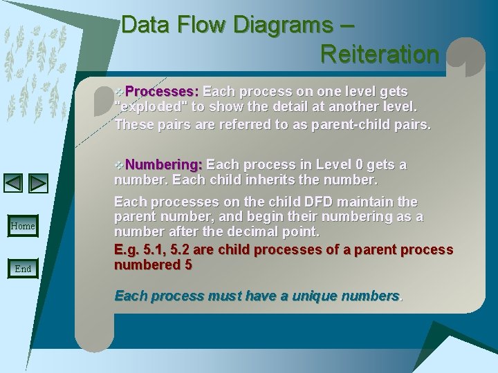 Data Flow Diagrams – Reiteration v. Processes: Each process on one level gets "exploded"