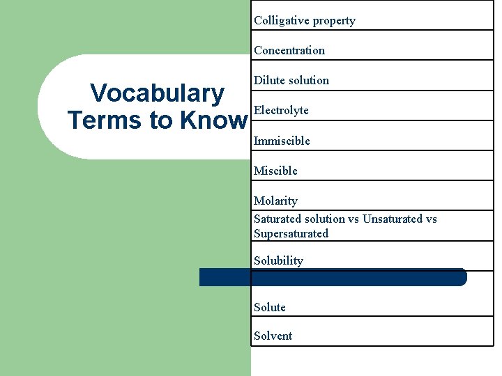 Colligative property Concentration Dilute solution Vocabulary Electrolyte Terms to Know Immiscible Molarity Saturated solution