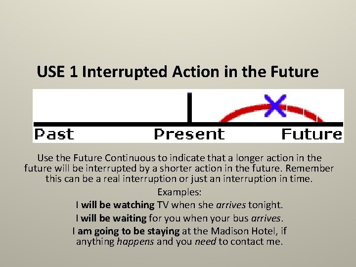 USE 1 Interrupted Action in the Future Use the Future Continuous to indicate that
