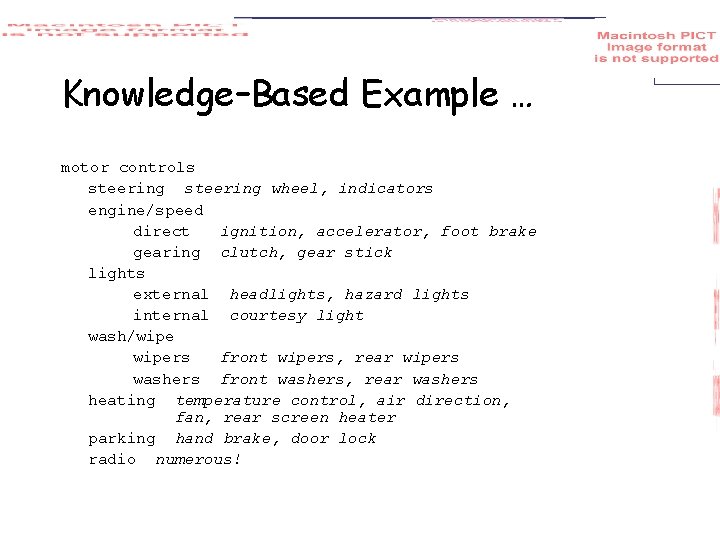 Knowledge–Based Example … motor controls steering wheel, indicators engine/speed direct ignition, accelerator, foot brake