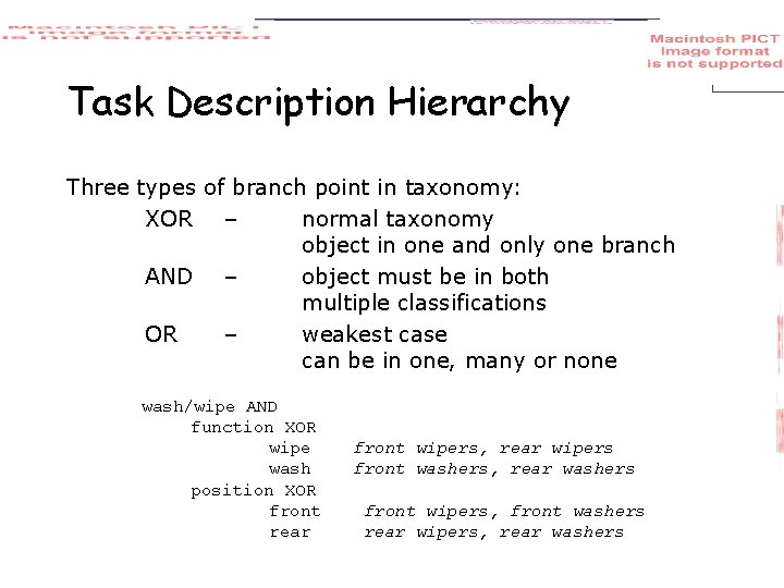 Task Description Hierarchy Three types of branch point in taxonomy: XOR – normal taxonomy