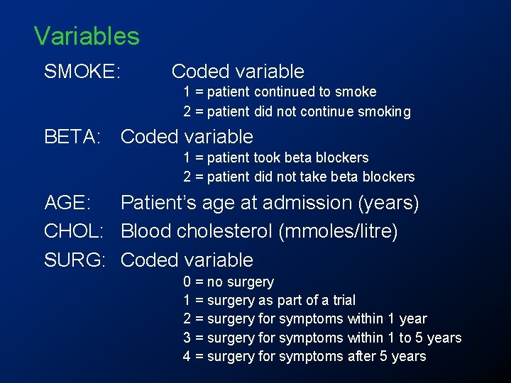 Variables SMOKE: Coded variable 1 = patient continued to smoke 2 = patient did