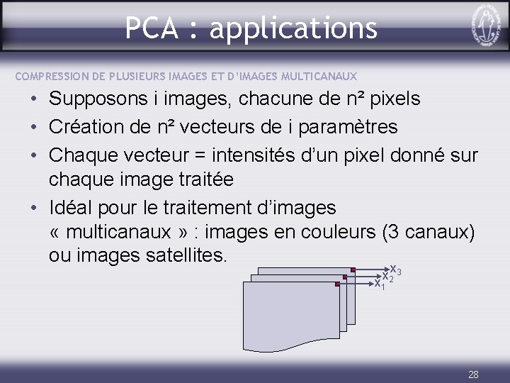 PCA : applications COMPRESSION DE PLUSIEURS IMAGES ET D’IMAGES MULTICANAUX • Supposons i images,