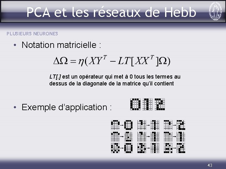 PCA et les réseaux de Hebb PLUSIEURS NEURONES • Notation matricielle : LT[. ]