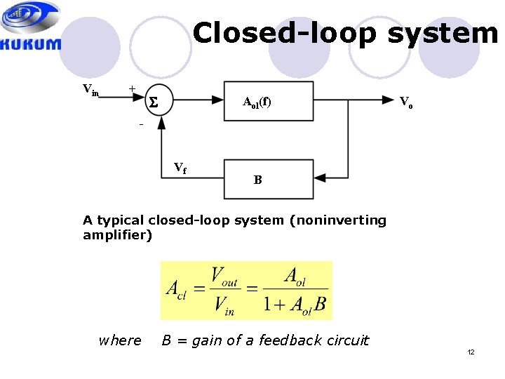 Closed-loop system Vin + Aol(f) Vo Vf B A typical closed-loop system (noninverting amplifier)