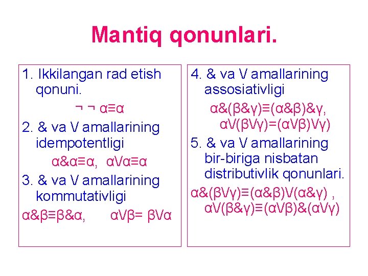 Mantiq qonunlari. 1. Ikkilangan rad etish qonuni. ¬ ¬ α≡α 2. & va /