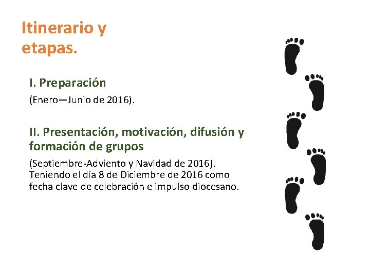 Itinerario y etapas. I. Preparación (Enero—Junio de 2016). II. Presentación, motivación, difusión y formación