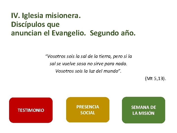 IV. Iglesia misionera. Discípulos que anuncian el Evangelio. Segundo año. “Vosotros sois la sal