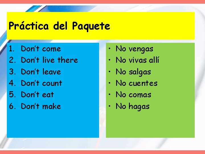 Práctica del Paquete 1. 2. 3. 4. 5. 6. Don’t come Don’t live there Práctica del Paquete 1. 2. 3. 4. 5. 6. Don’t come Don’t live there