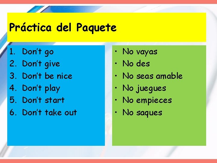 Práctica del Paquete 1. 2. 3. 4. 5. 6. Don’t go Don’t give Don’t Práctica del Paquete 1. 2. 3. 4. 5. 6. Don’t go Don’t give Don’t