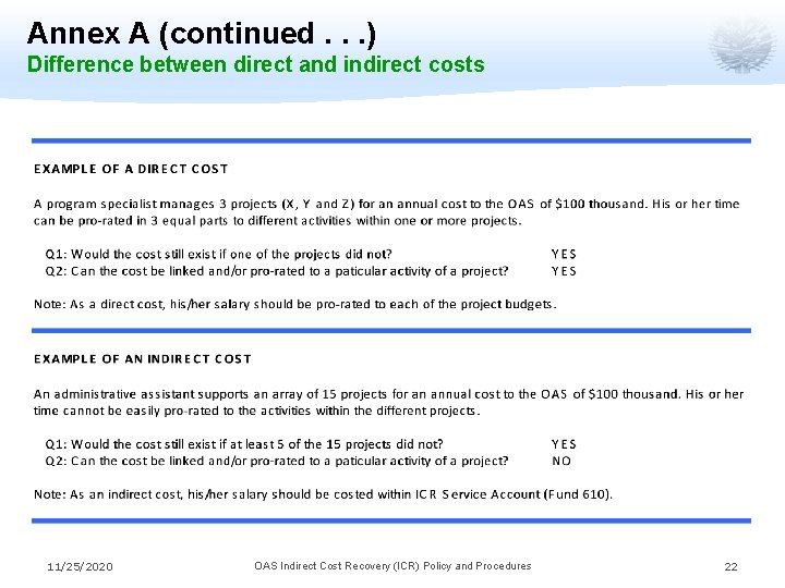 Annex A (continued. . . ) Difference between direct and indirect costs 11/25/2020 OAS