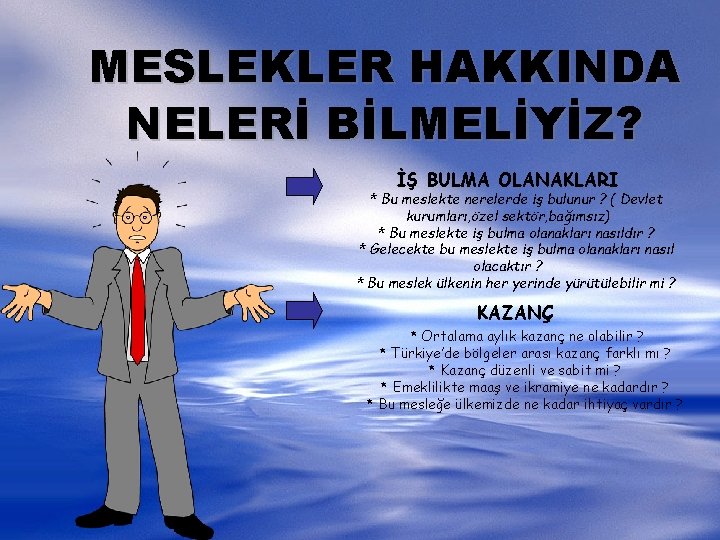 MESLEKLER HAKKINDA NELERİ BİLMELİYİZ? İŞ BULMA OLANAKLARI * Bu meslekte nerelerde iş bulunur ?