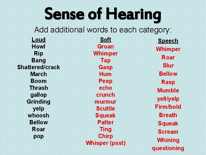 Sense of Hearing Add additional words to each category: Loud Howl Rip Bang Shattered/crack