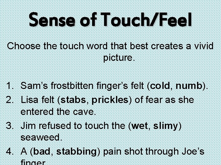 Sense of Touch/Feel Choose the touch word that best creates a vivid picture. 1.