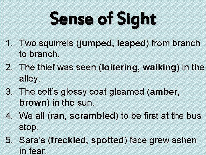 Sense of Sight 1. Two squirrels (jumped, leaped) from branch to branch. 2. The