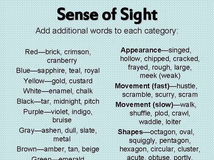 Sense of Sight Add additional words to each category: Red—brick, crimson, cranberry Blue—sapphire, teal,