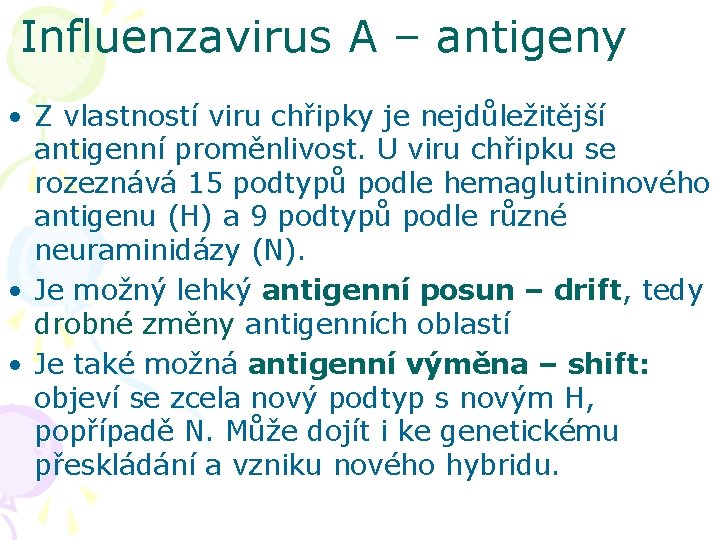 Influenzavirus A – antigeny • Z vlastností viru chřipky je nejdůležitější antigenní proměnlivost. U