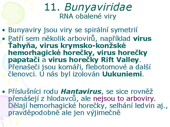 11. Bunyaviridae RNA obalené viry • Bunyaviry jsou viry se spirální symetrií • Patří