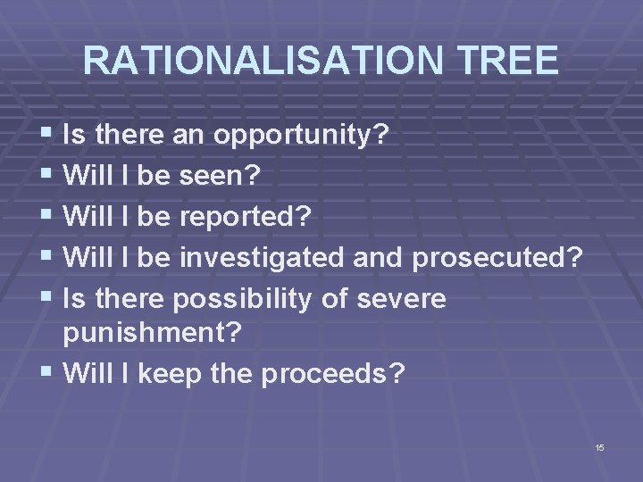 RATIONALISATION TREE § Is there an opportunity? § Will I be seen? § Will