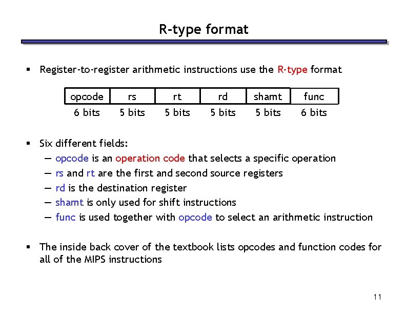 R-type format § Register-to-register arithmetic instructions use the R-type format opcode rs rt rd