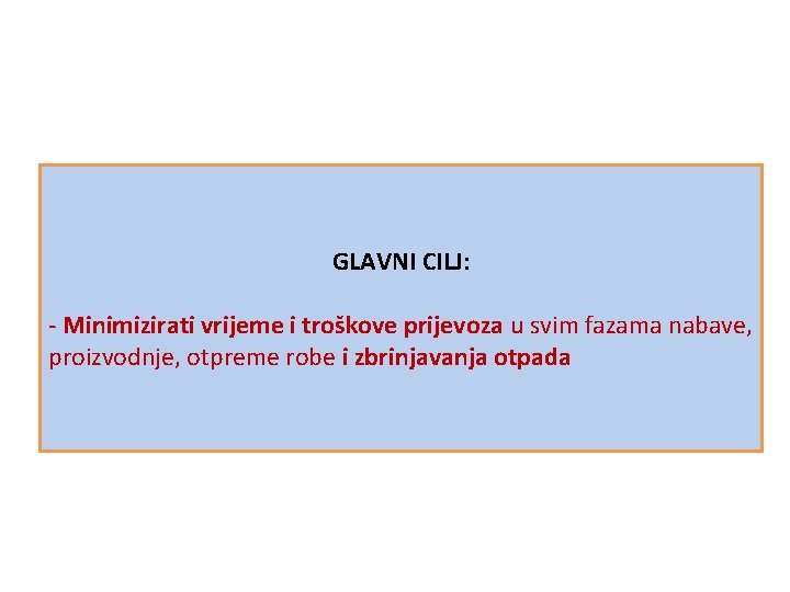GLAVNI CILJ: - Minimizirati vrijeme i troškove prijevoza u svim fazama nabave, proizvodnje, otpreme