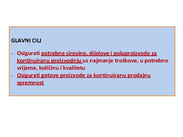 GLAVNI CILJ - Osigurati potrebne sirovine, dijelove i poluproizvode za kontinuiranu proizvodnju uz najmanje