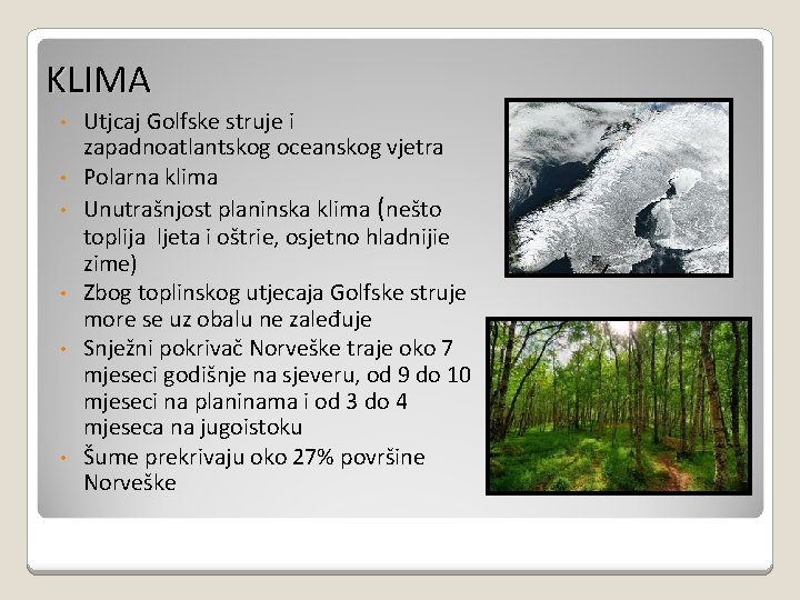 KLIMA • • • Utjcaj Golfske struje i zapadnoatlantskog oceanskog vjetra Polarna klima Unutrašnjost