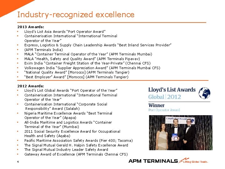Industry-recognized excellence 2013 Awards: • Lloyd’s List Asia Awards “Port Operator Award” • Containerisation
