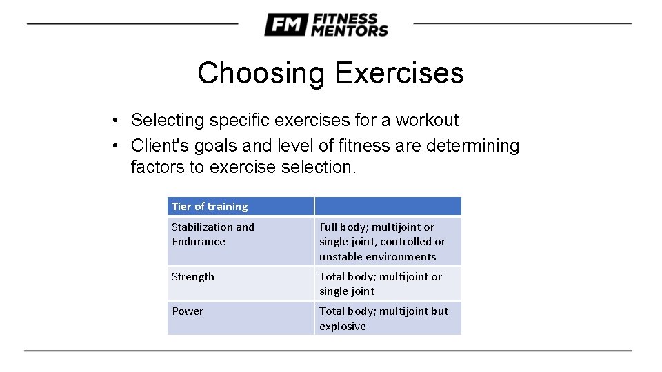 Choosing Exercises • Selecting specific exercises for a workout • Client's goals and level