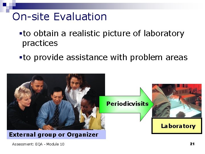 On-site Evaluation §to obtain a realistic picture of laboratory practices §to provide assistance with