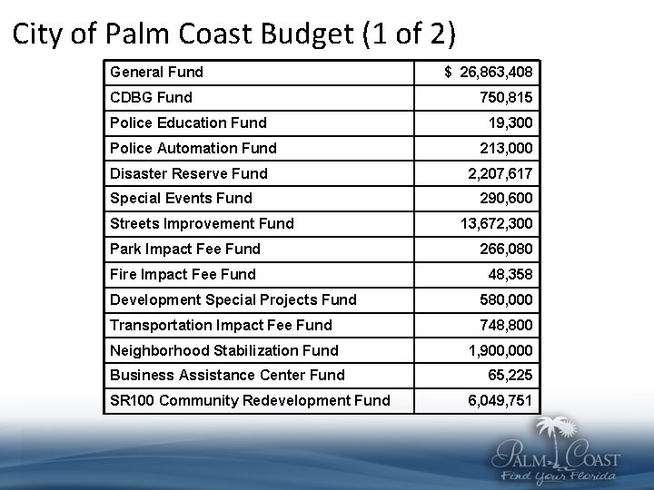 City of Palm Coast Budget (1 of 2) General Fund CDBG Fund Police Education