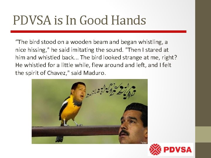 PDVSA is In Good Hands “The bird stood on a wooden beam and began