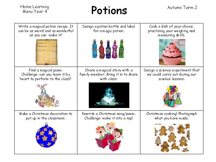 Home Learning Menu Year 4 Potions Autumn Term 2 Write a magical potion recipe.