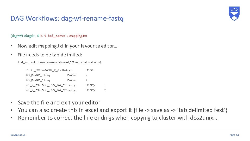 DAG Workflows: dag-wf-rename-fastq (dag-wf) ningal: ~ $ ls -1 bad_names > mapping. txt •