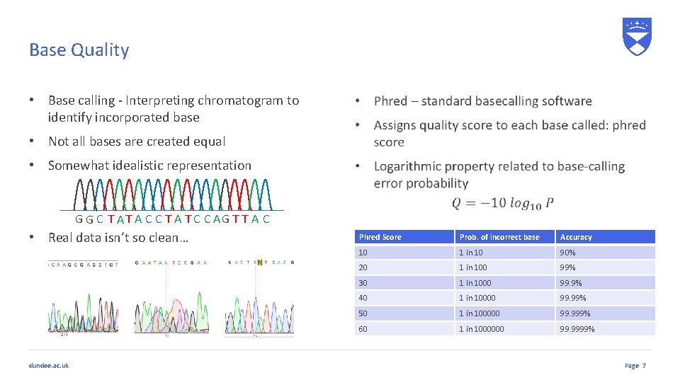 Base Quality • Base calling - Interpreting chromatogram to identify incorporated base • Not
