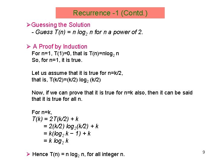 Recurrence -1 (Contd. ) ØGuessing the Solution - Guess T(n) = n log 2