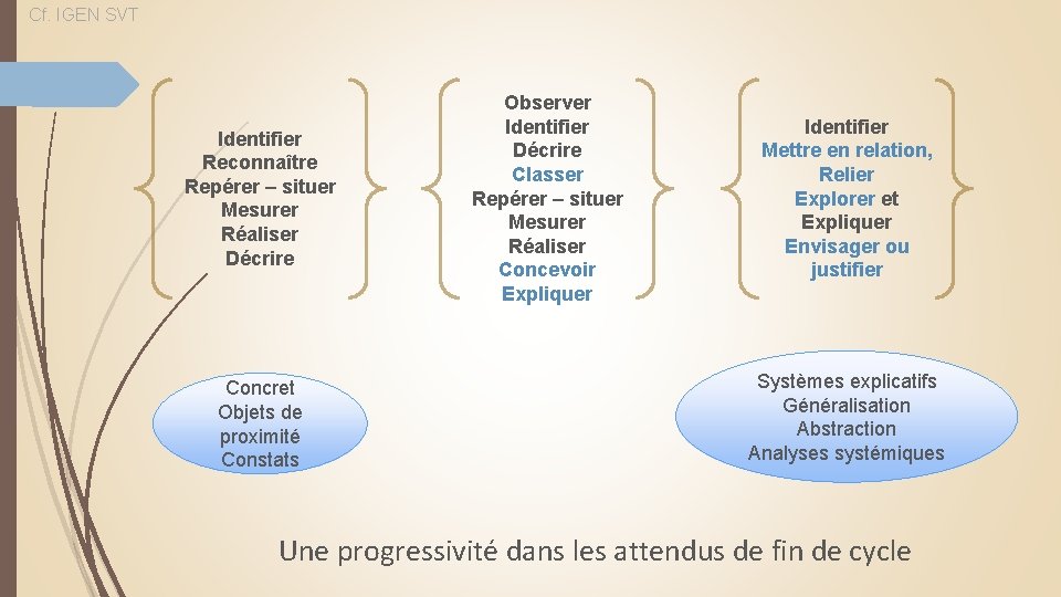 Cf. IGEN SVT Identifier Reconnaître Repérer – situer Mesurer Réaliser Décrire Concret Objets de